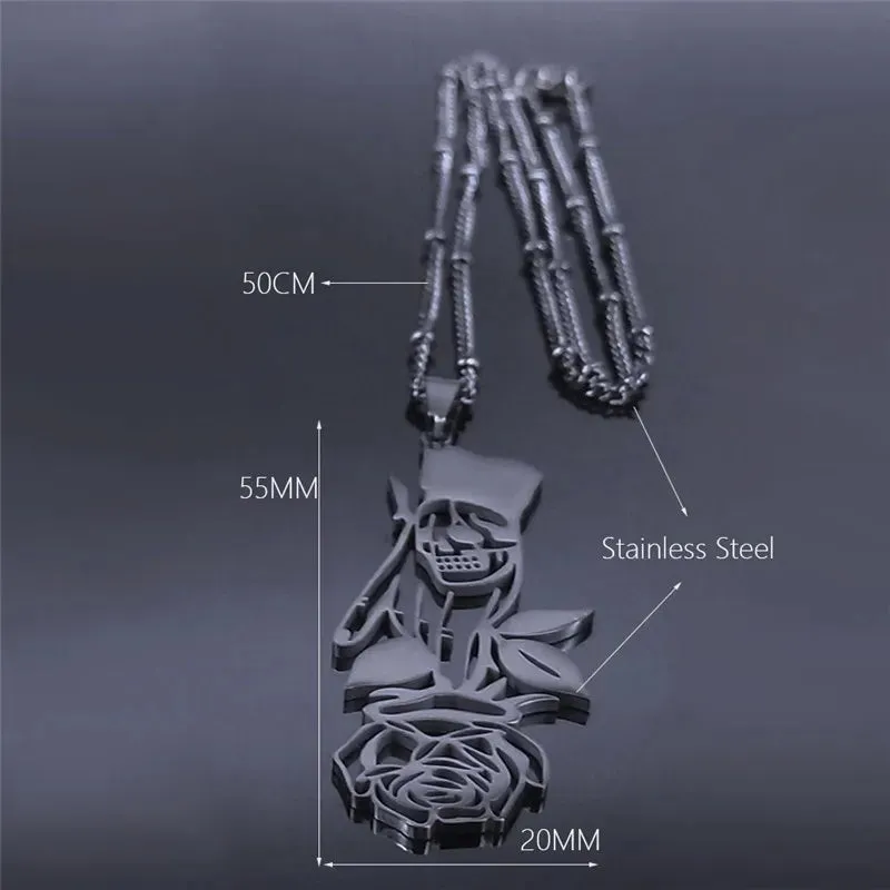 Black Color Goth Hand Skull Rose Stainless Steel Necklaces for Women