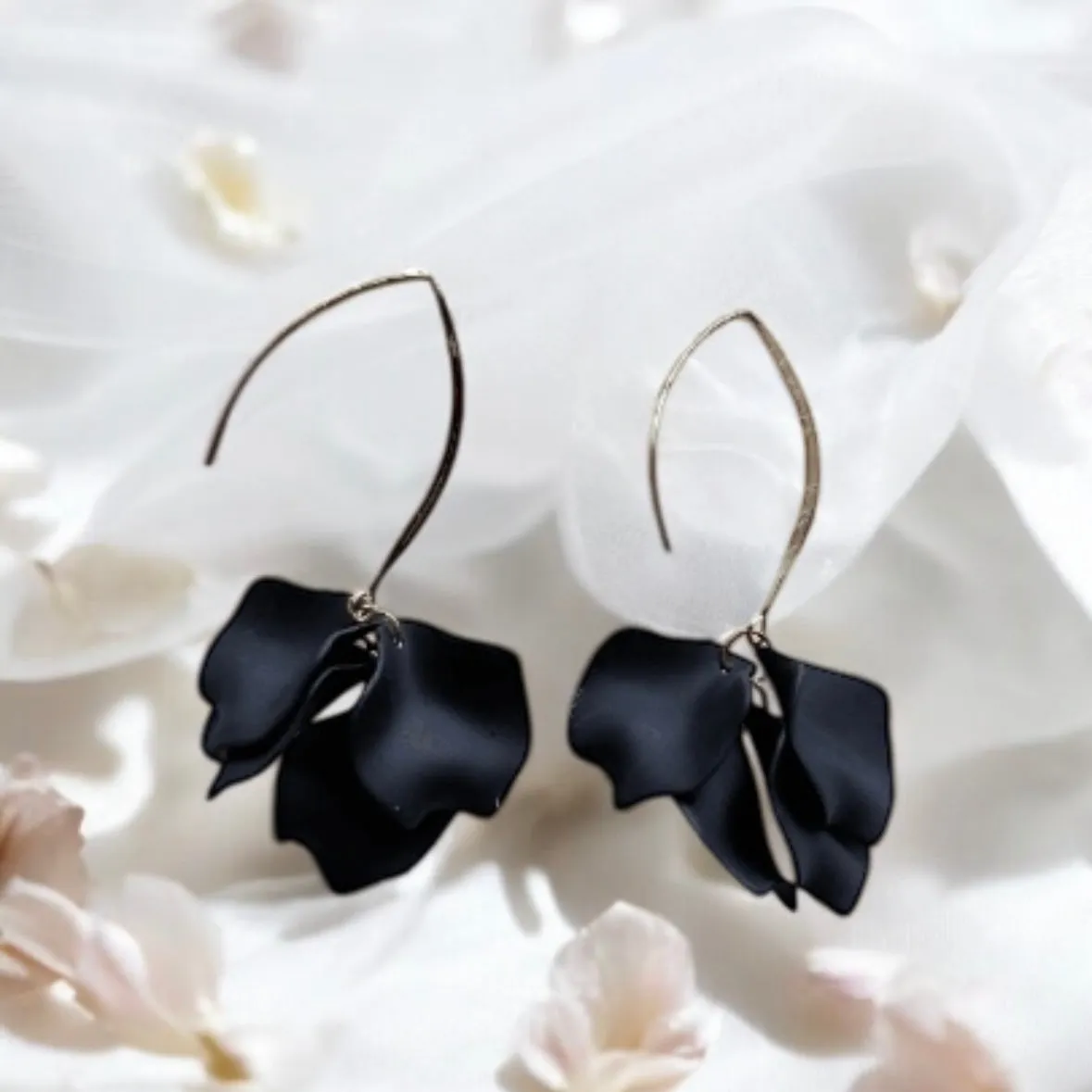 Black - flowers earrings | frosted petals hoop earrings | unique floral earrings | golden crumpled geometric floral bridal earrings