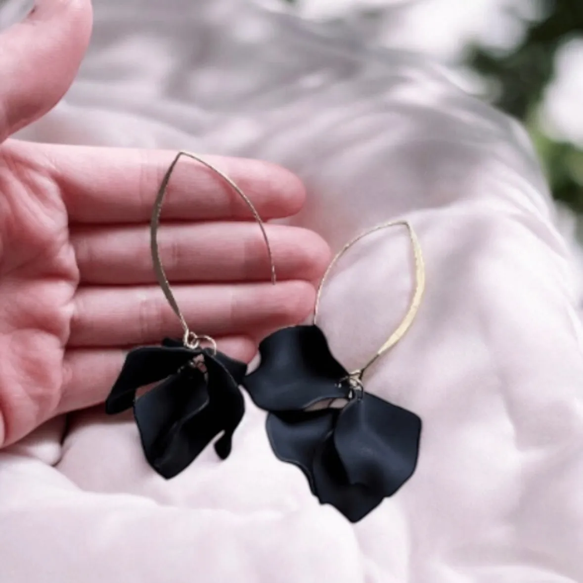 Black - flowers earrings | frosted petals hoop earrings | unique floral earrings | golden crumpled geometric floral bridal earrings