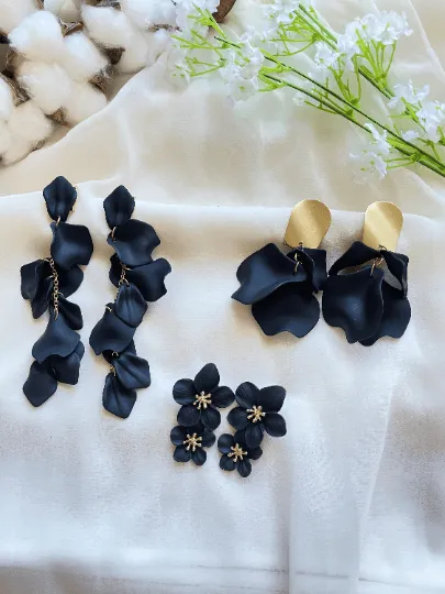 Black - flowers earrings | frosted petals hoop earrings | unique floral earrings | golden crumpled geometric floral bridal earrings