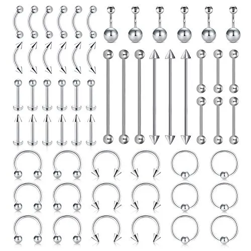D.Bella Body Piercing Kit 60pcs Nose Rings Lip Tongue  Eyebrow Rings Earrings  Navel Belly Button Rings