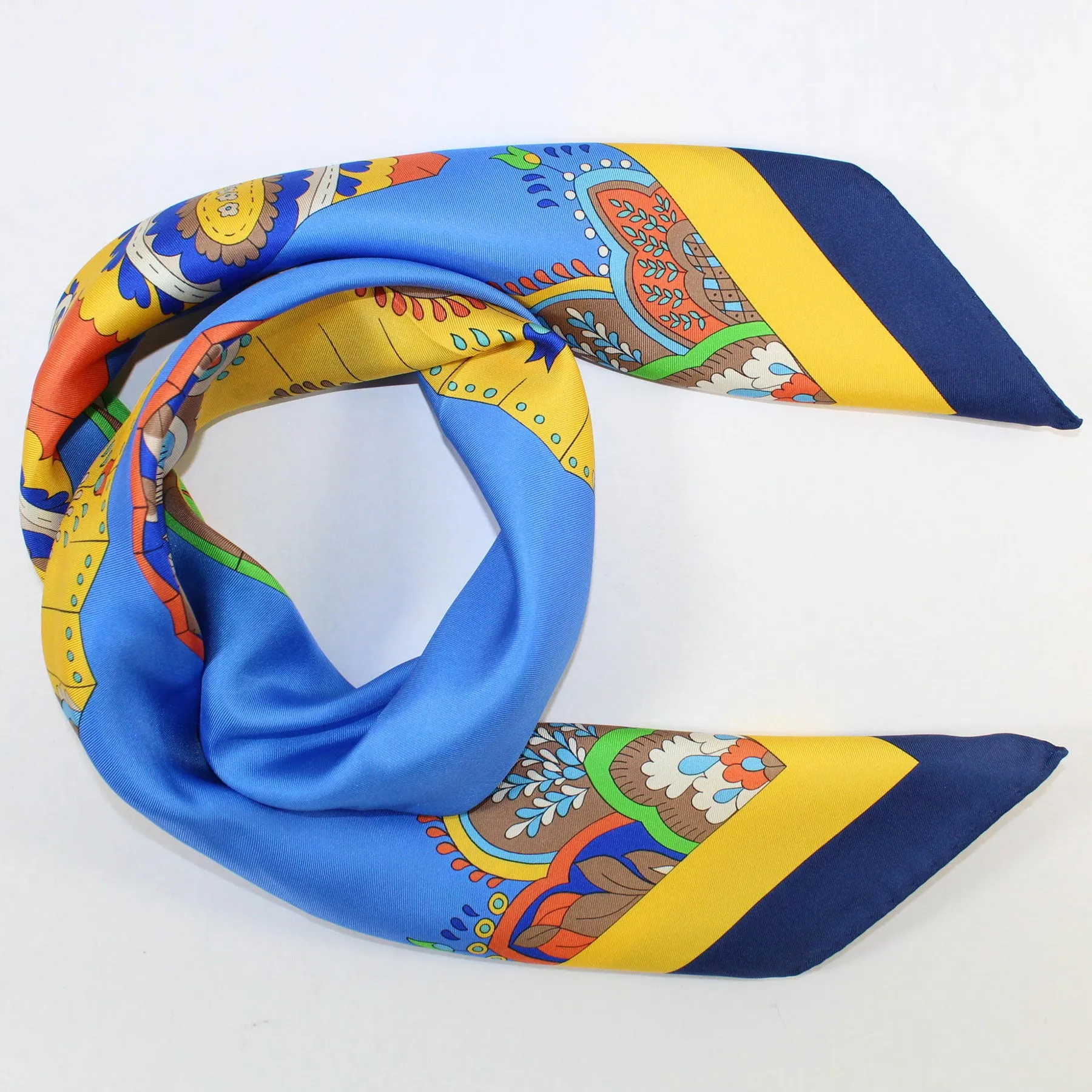 E. Marinella Scarf Navy Blue Yellow Fan & Tassel - Large Silk Square Foulard
