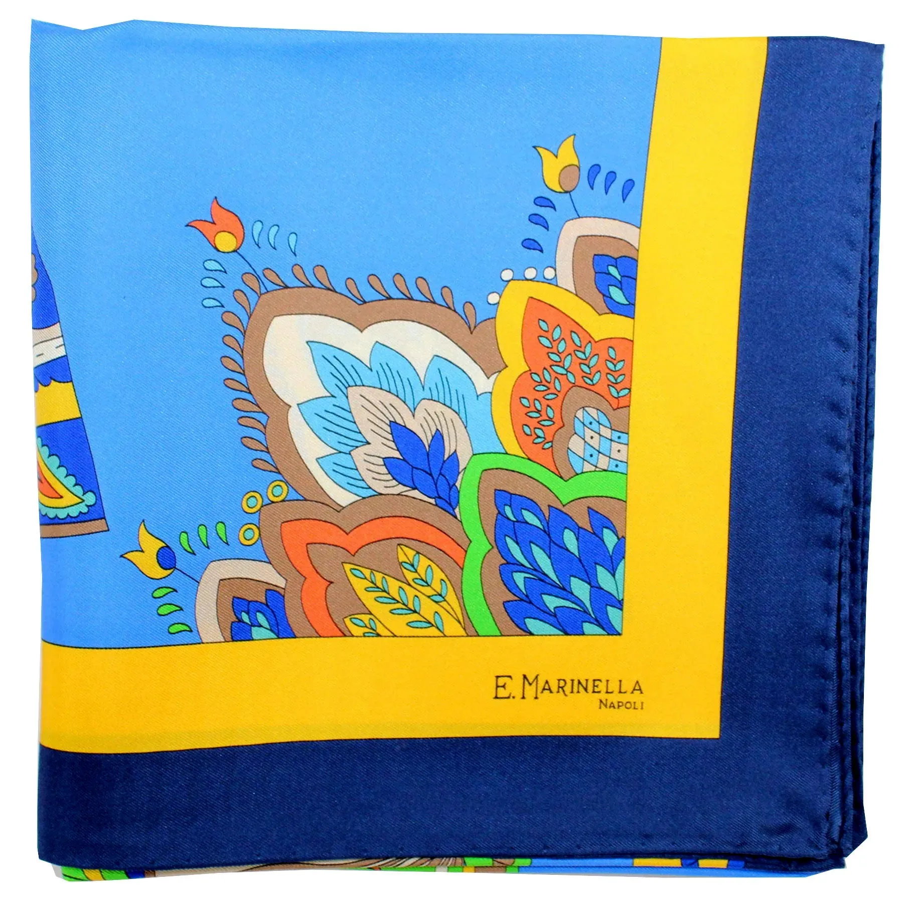 E. Marinella Scarf Navy Blue Yellow Fan & Tassel - Large Silk Square Foulard