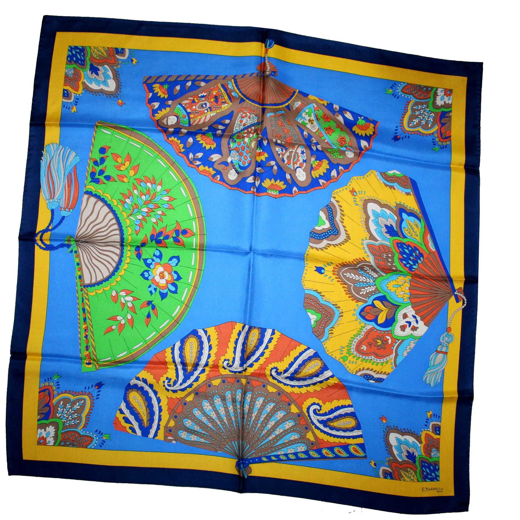 E. Marinella Scarf Navy Blue Yellow Fan & Tassel - Large Silk Square Foulard