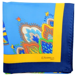 E. Marinella Scarf Navy Blue Yellow Fan & Tassel - Large Silk Square Foulard