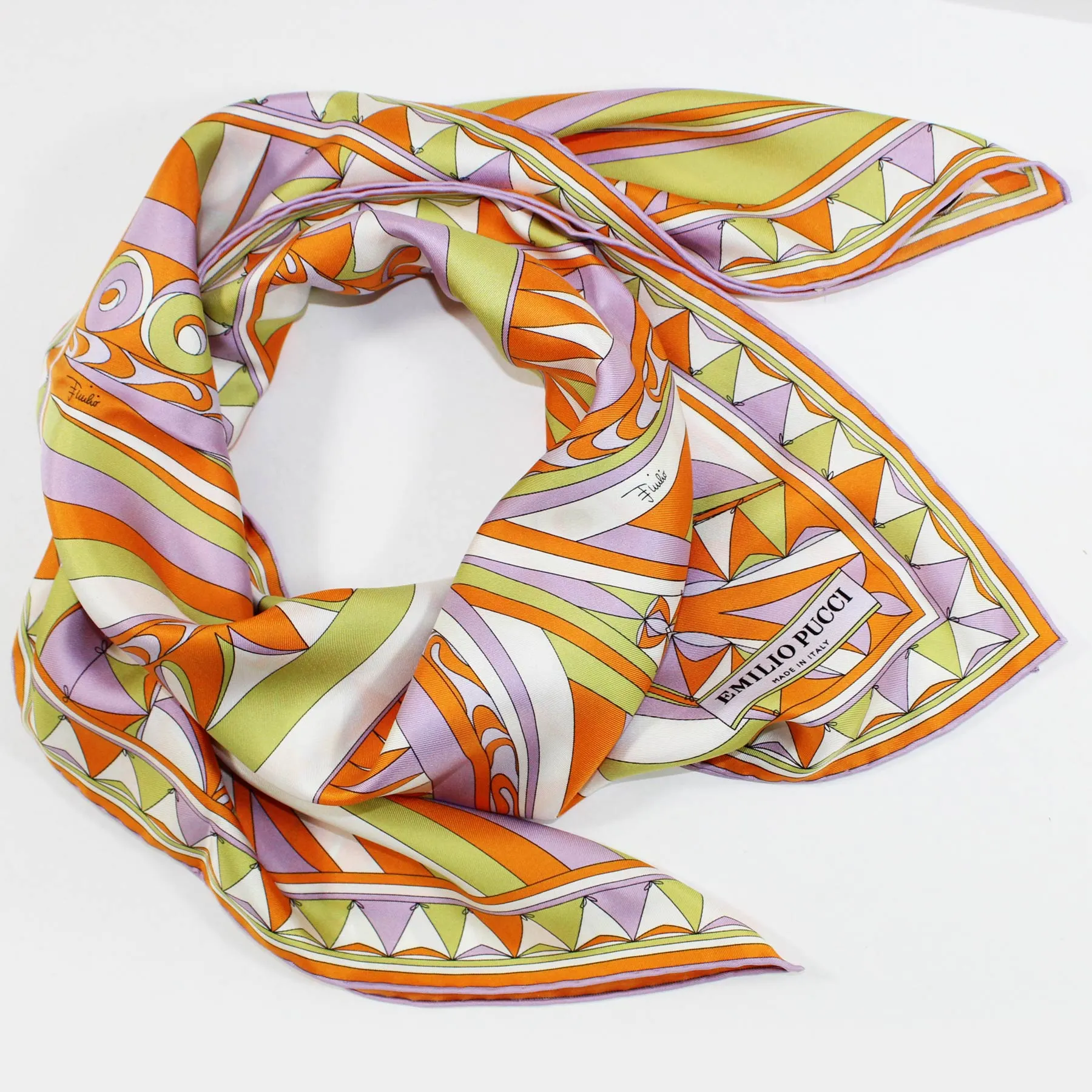 Emilio Pucci Scarf Orange Design - Large 36 Inch Twill Silk Square Scarf SALE