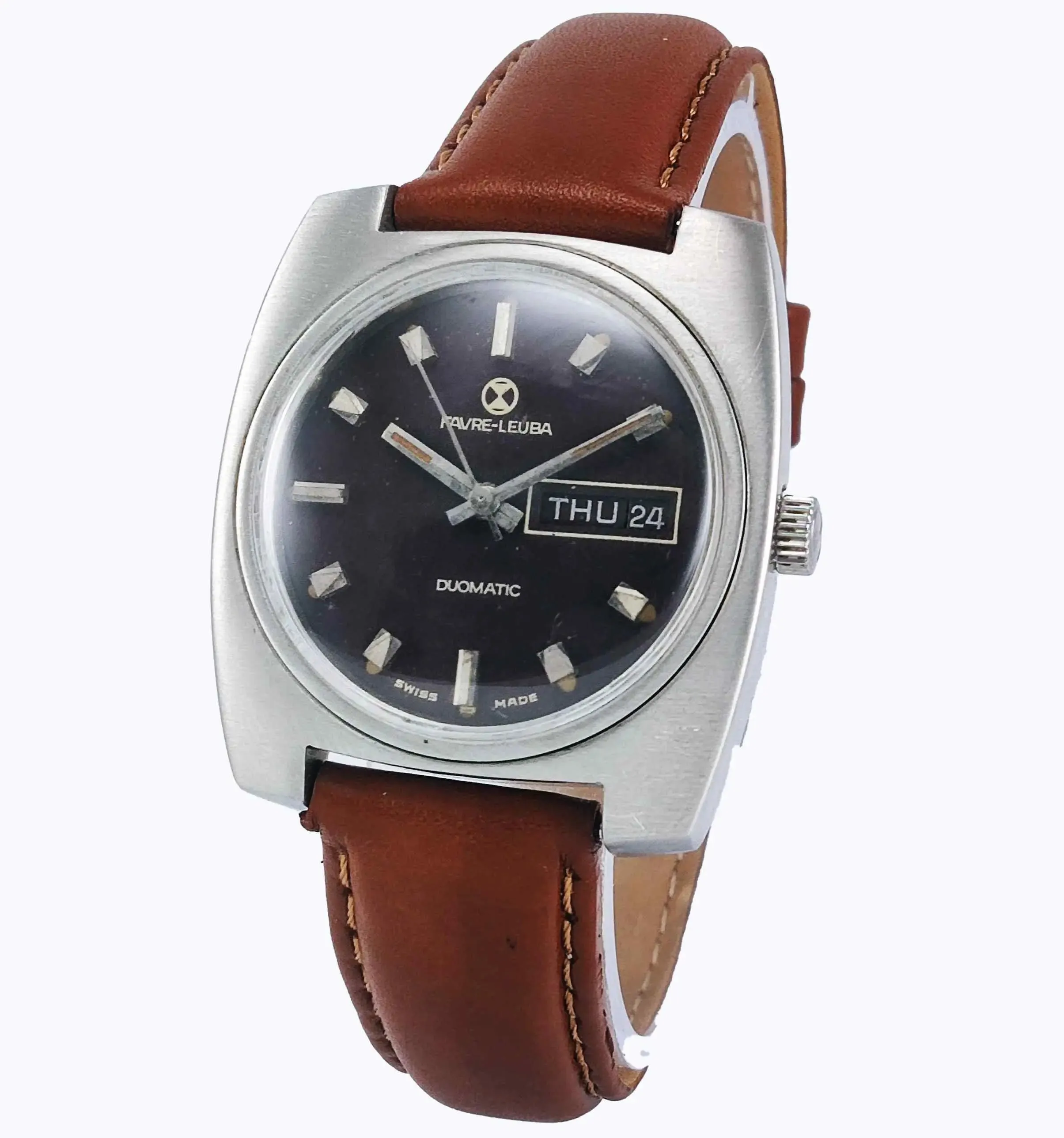 Favre Leuba Duomatic 908 Maroon Red Dial Automatic 17 Jewels Men's Wrist Watch