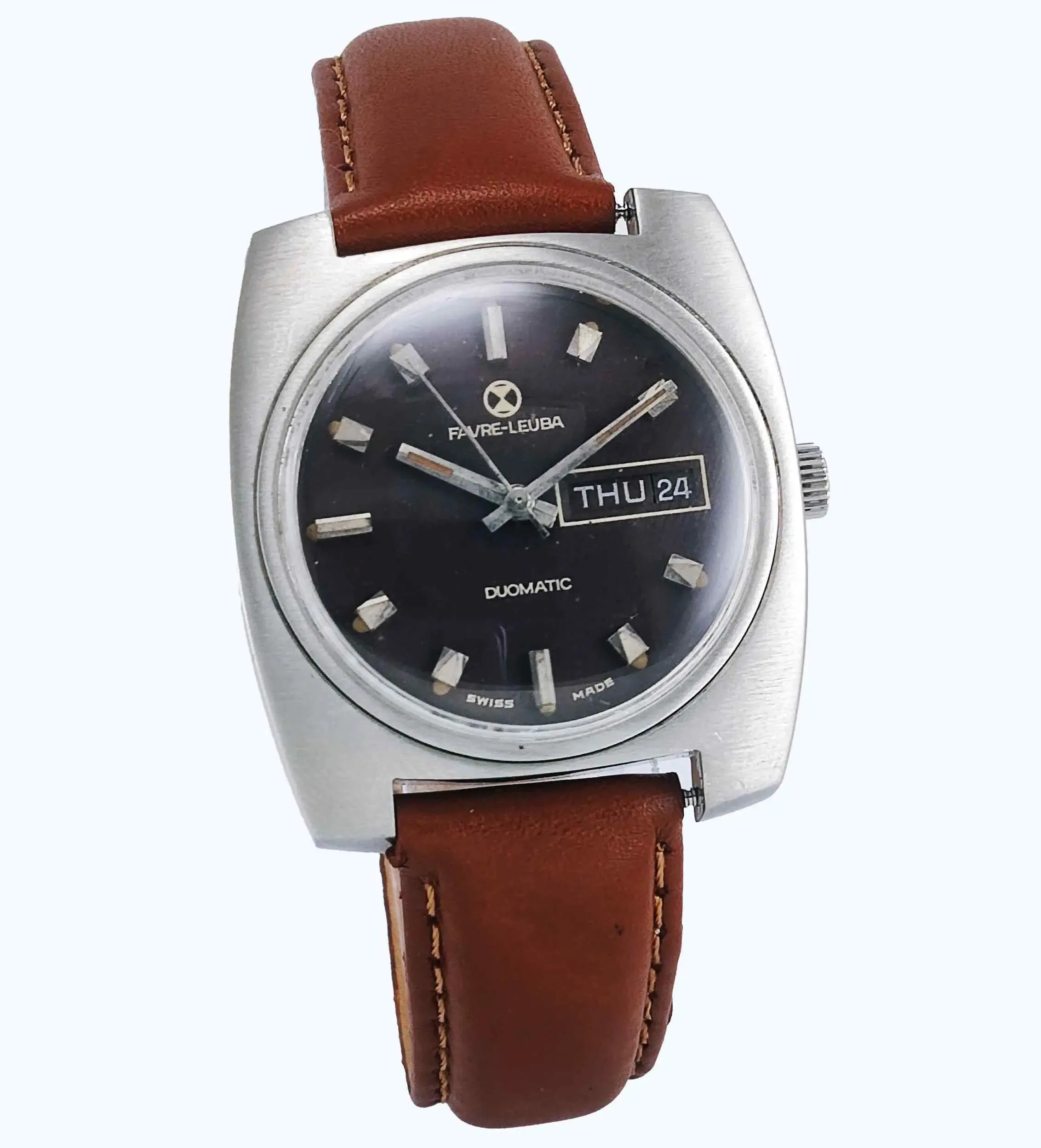 Favre Leuba Duomatic 908 Maroon Red Dial Automatic 17 Jewels Men's Wrist Watch