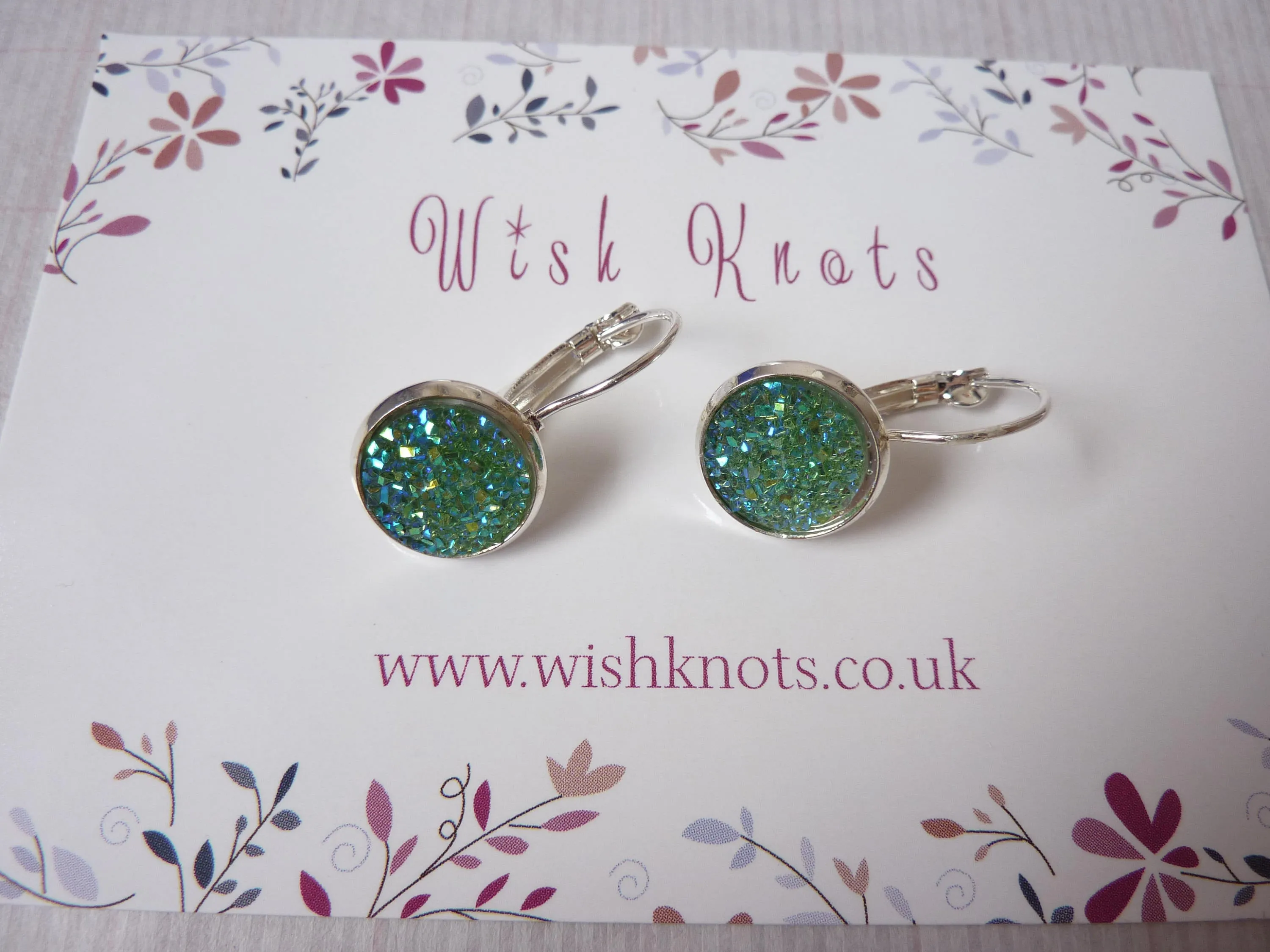 Green Stardust Druzy Earrings - Silver Plated Leverback Earrings.
