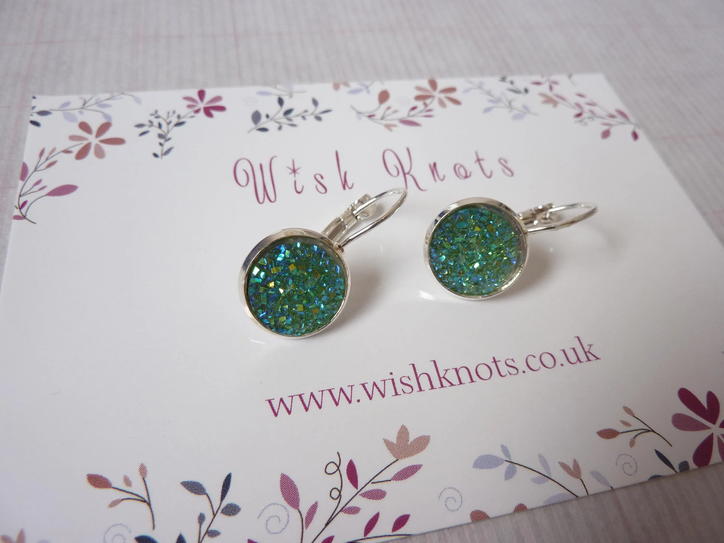 Green Stardust Druzy Earrings - Silver Plated Leverback Earrings.