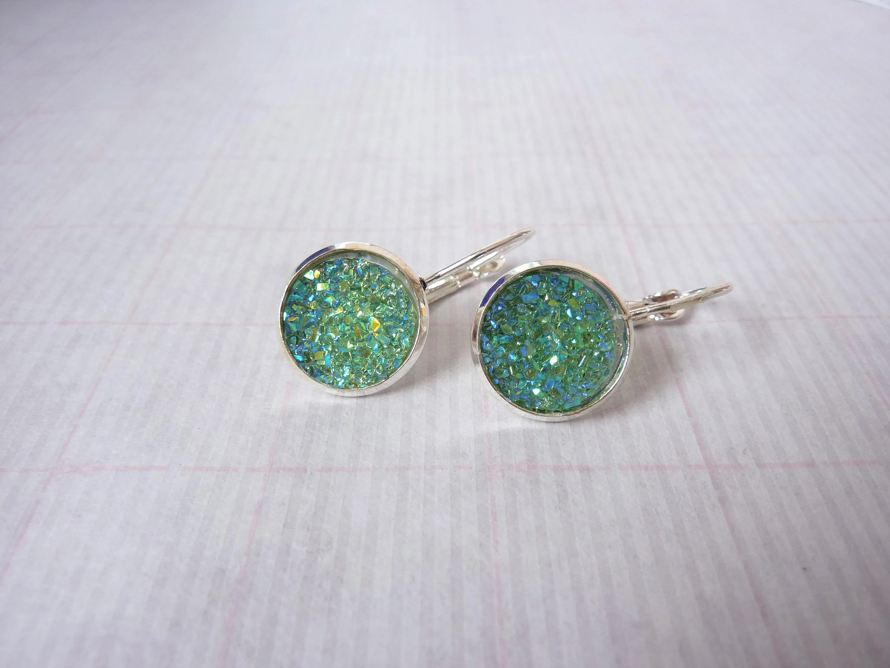 Green Stardust Druzy Earrings - Silver Plated Leverback Earrings.