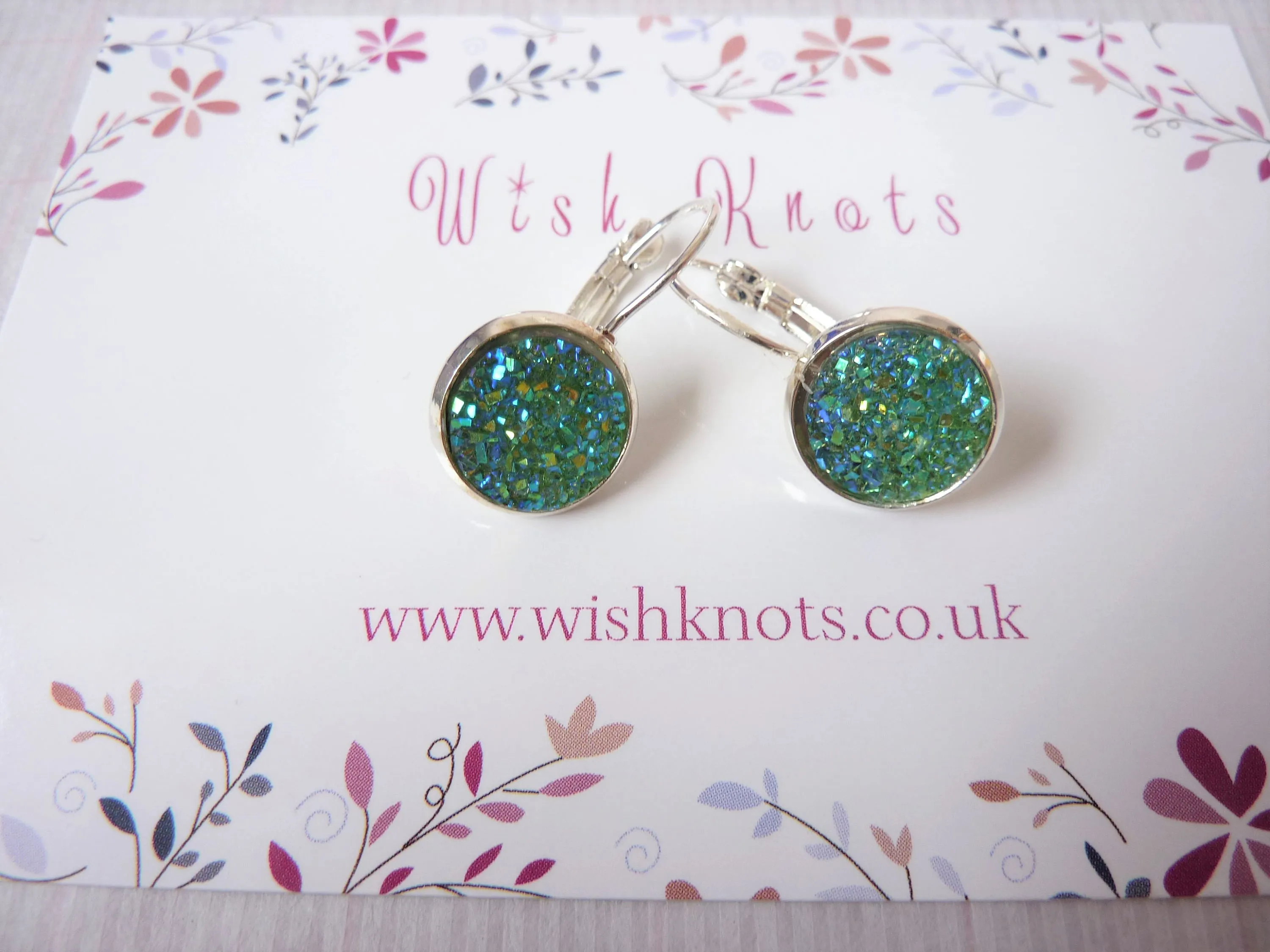 Green Stardust Druzy Earrings - Silver Plated Leverback Earrings.