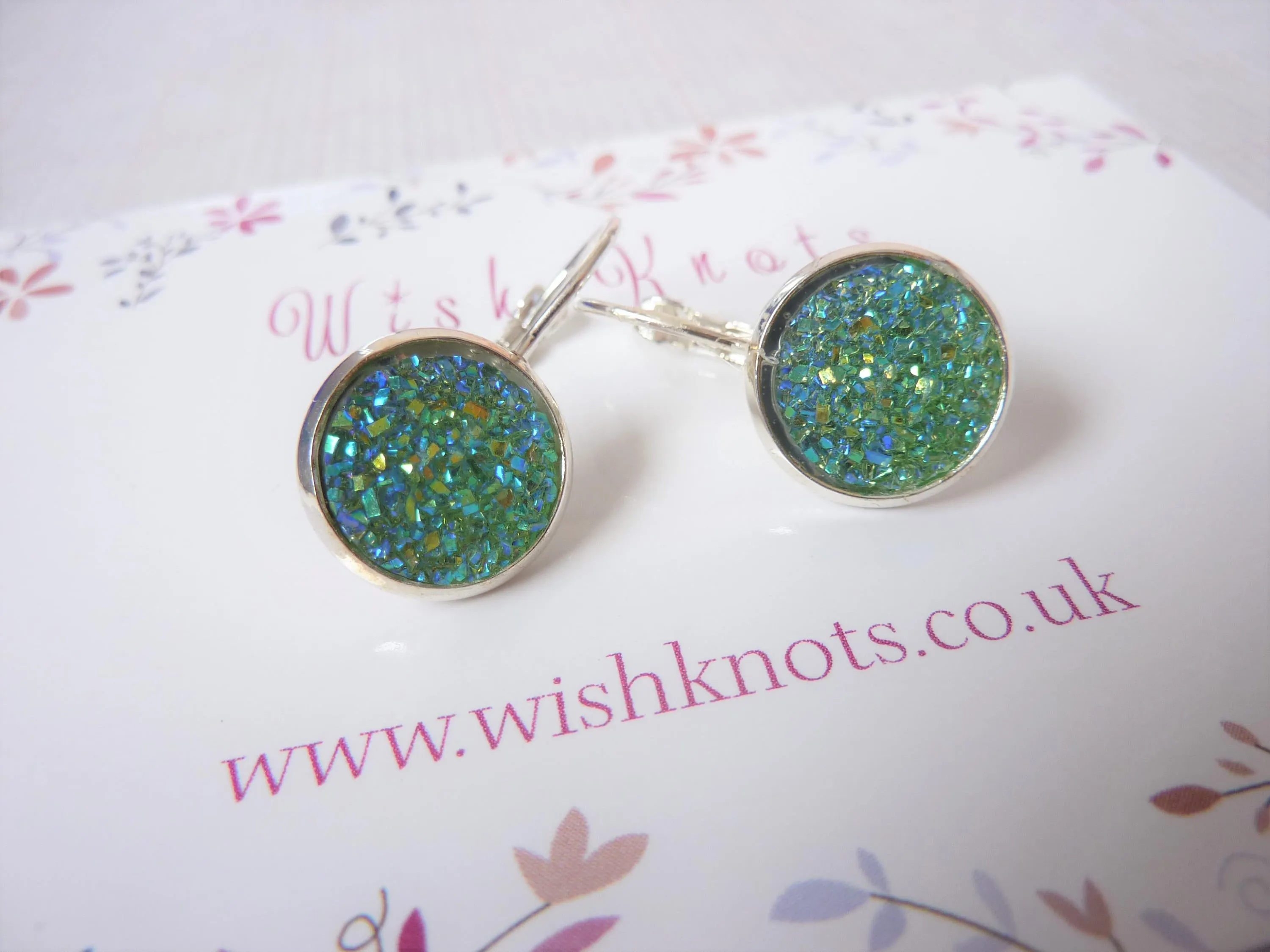 Green Stardust Druzy Earrings - Silver Plated Leverback Earrings.