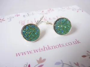 Green Stardust Druzy Earrings - Silver Plated Leverback Earrings.