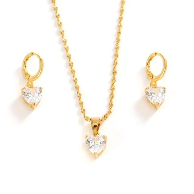 Heart White Blue Green Cubic Zircon Earring Necklace chain Jewelry Sets