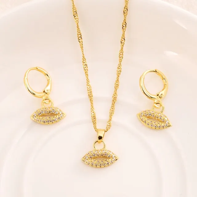 Heart White Blue Green Cubic Zircon Earring Necklace chain Jewelry Sets