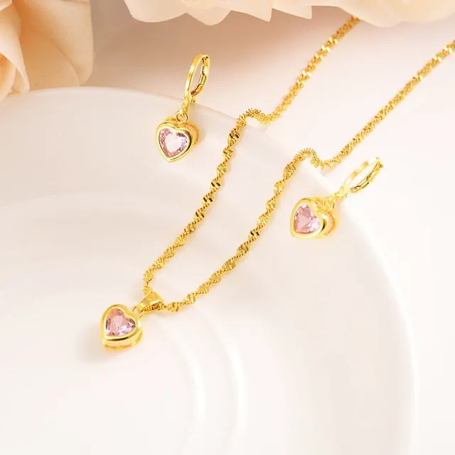 Heart White Blue Green Cubic Zircon Earring Necklace chain Jewelry Sets