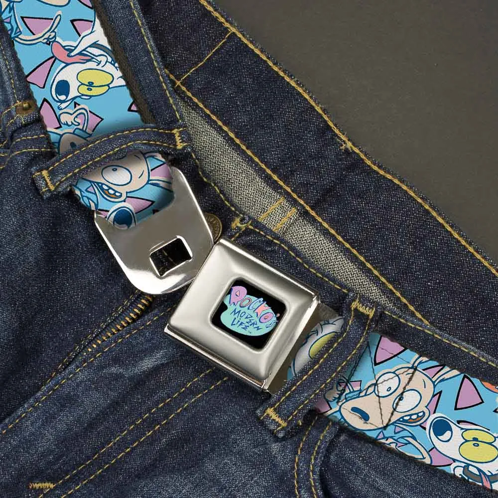 ROCKO'S MODERN LIFE Logo Full Color Black/Blues Seatbelt Belt - Rocko & Spunky Scattered Expressions/Triangles Blue/Lavender Webbing