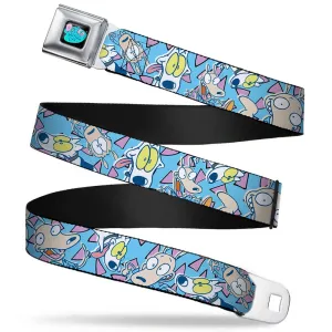 ROCKO'S MODERN LIFE Logo Full Color Black/Blues Seatbelt Belt - Rocko & Spunky Scattered Expressions/Triangles Blue/Lavender Webbing