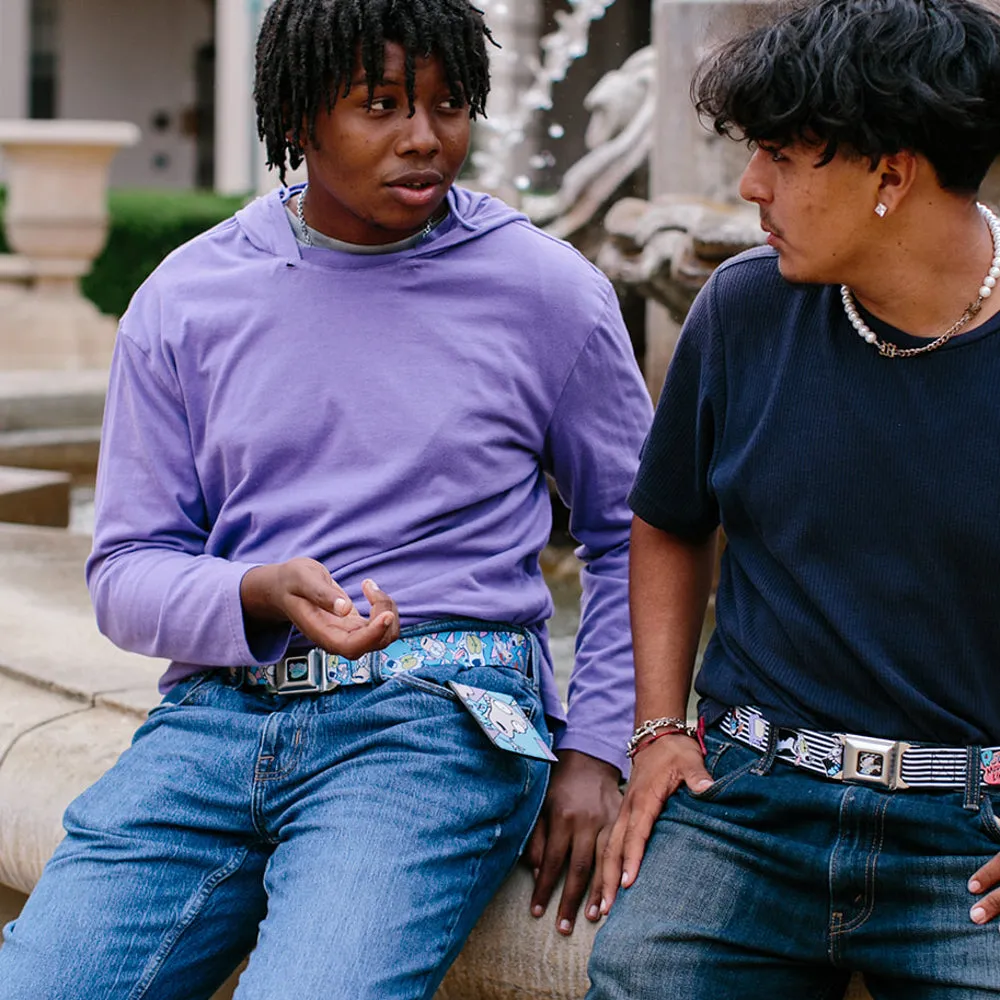 ROCKO'S MODERN LIFE Logo Full Color Black/Blues Seatbelt Belt - Rocko & Spunky Scattered Expressions/Triangles Blue/Lavender Webbing