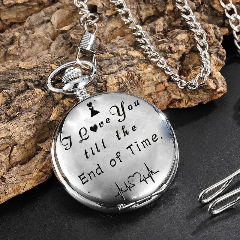 Unisex Quartz Movement I Love You Laser Engraved Pocket Watch