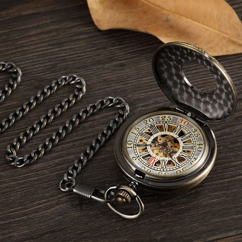 Vintage Unisex Double Sided Mechanical Hollow Steampunk Skeleton Pocket Watch