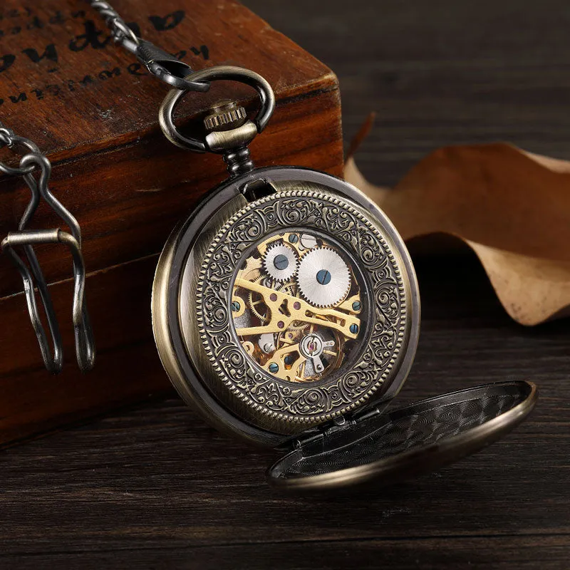 Vintage Unisex Double Sided Mechanical Hollow Steampunk Skeleton Pocket Watch