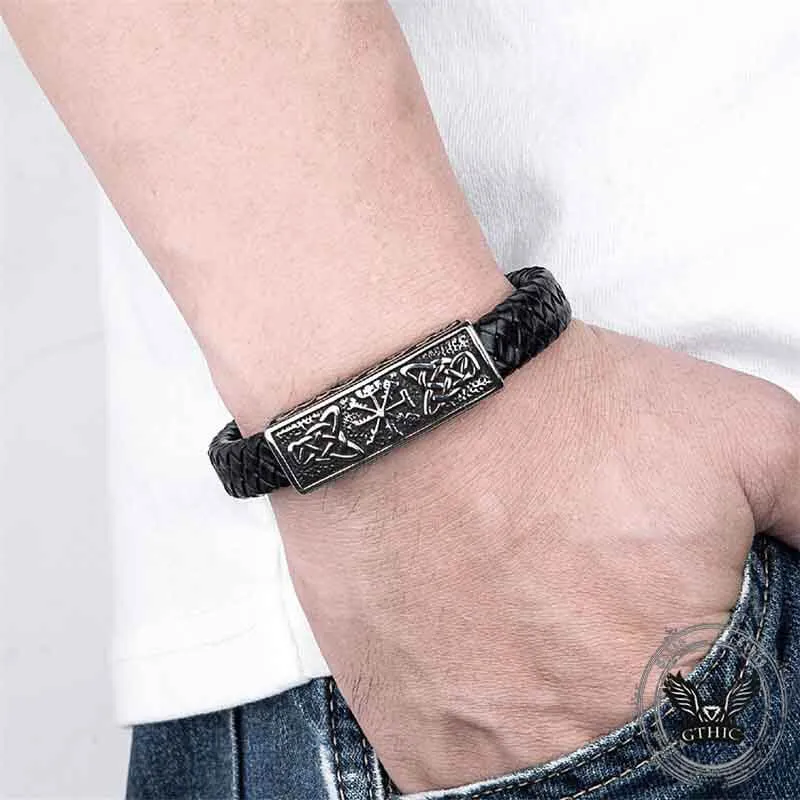 Vintage Viking Rune Stainless Steel Leather Bracelet