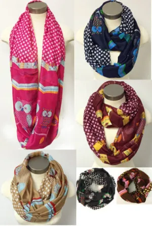 women's infinity circle scarves with owl print Case of 24